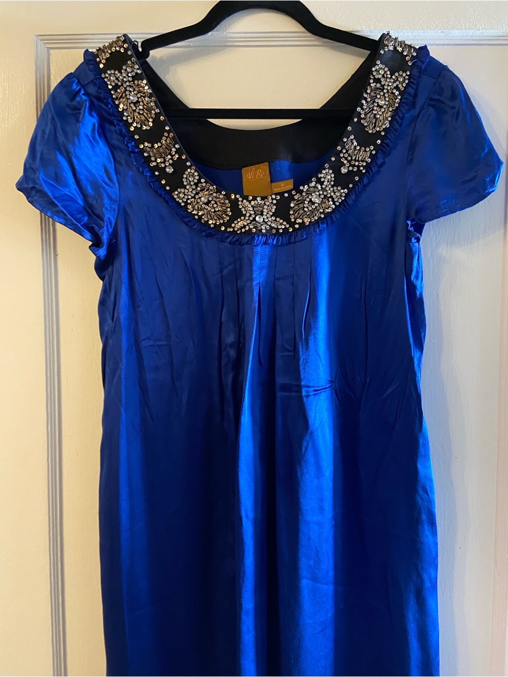 Embellished Royal Blue Short-Sleeve Women's Midi Dress